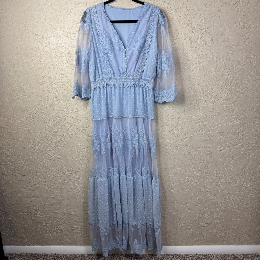 Zapaca Boho Lace Dress Baby Blue Maxi Size M Bridal Wedding Engagement‎ Party